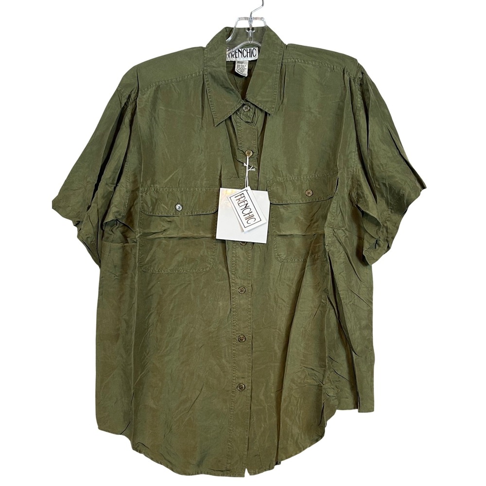 NWT Vintage Women Olive Green Silk Short Sleeve Button Up Shirt Frenchic Large